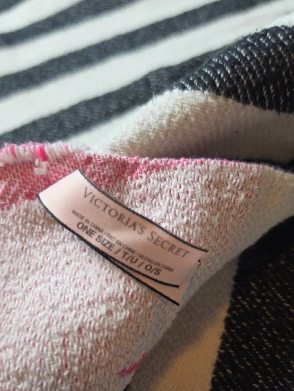 VICTORIA'S SECRET | Pink Black Stripe Terry Beach Towel Blanket Fringe | 52x39